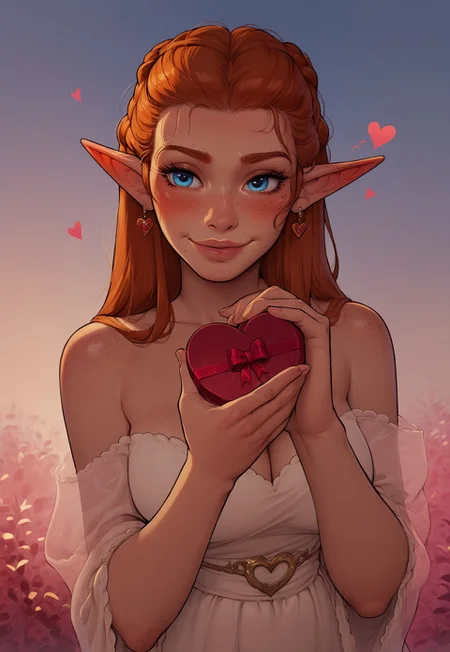 safe_pos, (score_9, score_8_up, score_7_up, score_6_up, score_5_up, score_4_up), source_cartoon, 1girl, sexy, pose, dynamic angle, sexy, elf mage, blue eyes, french braids, ginger hair, earrings, freckles, body freckles, detailed face, hourglass body, Valentine's day, scenery, embarrassed face, giving a heart, holding out hands with a heart, upper body, dress, embarrassed face, nervous smile