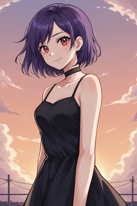 score_9, score_8_up, score_8, source_anime,
<lora:Everlasting_Summer_Kristina_by_GraffMetal:0.7>, kristina, short hair, red eyes, piercing, dark purple hair color, bob hair cut, 1girl, solo, eyebrow piercing, left side bang close eye, medium breasts,
choker, light smile,
black sundress, sunset, clouds, sky,
amazing background, looking at the viewer, summer,