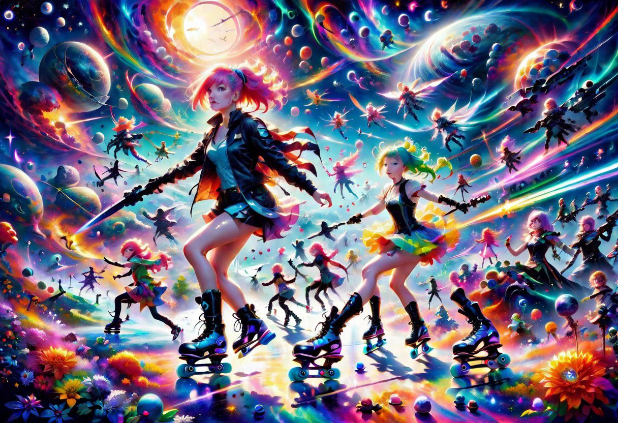 Young Woman with bright hair and brightly colored clothes riding of Skates with a future weapon in her hand on a strange planet.