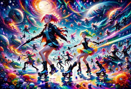 Young Woman with bright hair and brightly colored clothes riding of Skates with a future weapon in her hand on a strange planet.
