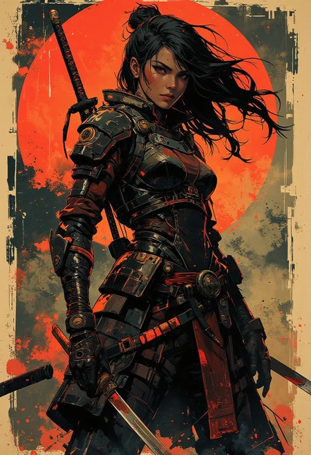 in the style of ck-mgs, nistyle, Inkplash art on rice paper, sepia, henna , Silhouette Art, magnificent, inksplash closeup portrait of asian female samurai, flowing black hair, reflective black and neon red armor, a katana strapped to her back, abstract background suggesting eastern temple