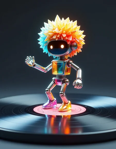 <lora:glass_shard_flux:0.8> glass shard,
tiny robot with an afro made of glass shard dancing on an LP record