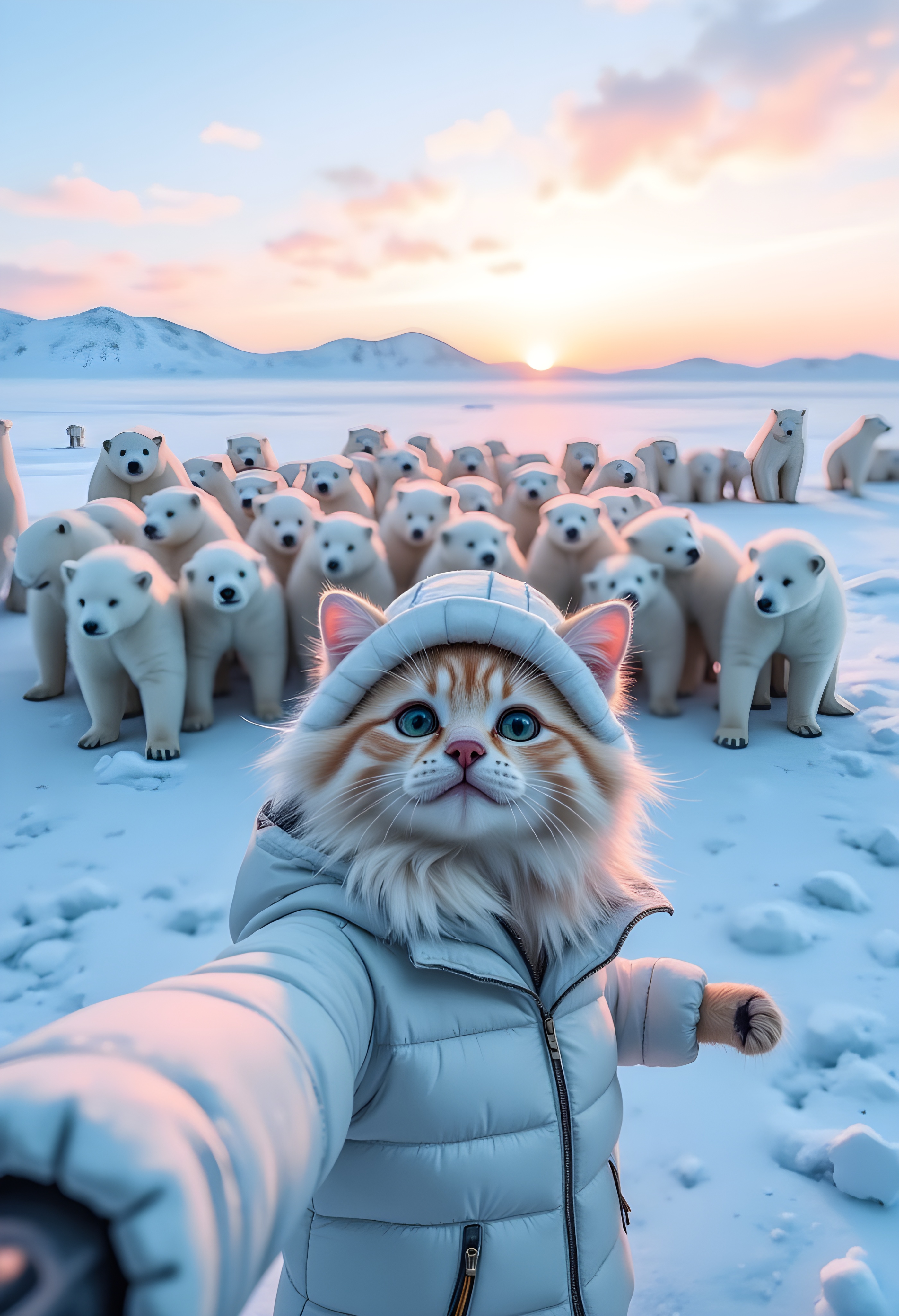 cinna flow, anthropomorphic, a cat stands In the snow, there is an ice field with many polar bears standing on it. A real cute kitten wearing a white down jacket and hat takes a selfie with gopro in front of them. The cat has big eyes, long fur, surrounded by more than ten small white polar bears, in the style of sunset light, hyper detailed