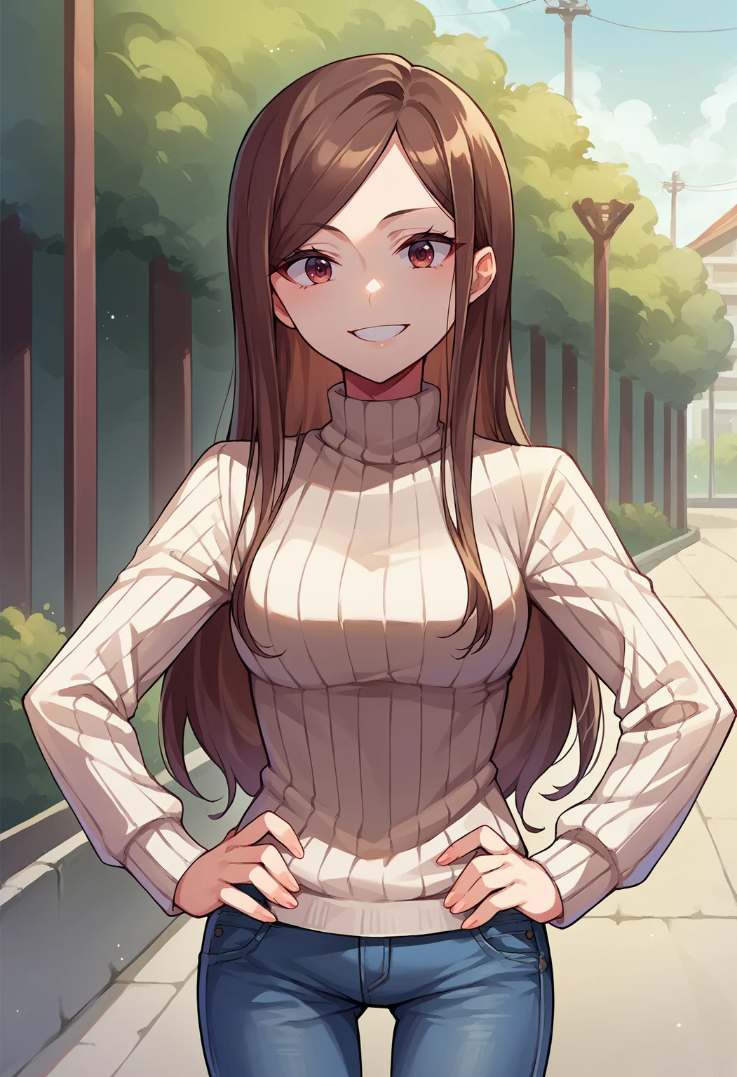 score_9, score_8_up, source_anime, 1girl, solo, DorothyPrinc, long hair, outdoors, sweater, ribbed sweater, jeans, hands on hips, smile, <lora:ChamDorothyPPPonyXL:1>
