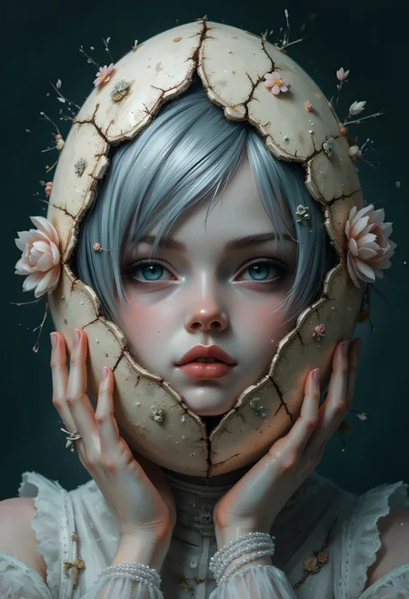 cinna flow, Ornate egg-shaped headpiece, face partially visible through cracked egg shell. Detailed, delicate lace-like patterns and embellishments encircle and decorate the egg-shaped head. Pale skin with light blue eyes, detailed eyelashes and subtle blush. Small, delicate, almost doll-like facial features. Pale-toned lips, serene expression. Pale, light grayish-blue hair, styled intricately with embellishments. Soft, pastel colors, with accents of cool gray and blue. The cracked-egg shell is a light beige color, with intricate details and textures. Delicate pearl-like embellishments and ornate designs incorporated in the shell. Hands gently hold the egg-shaped head. Dark gray background, evoking a dreamlike and ethereal atmosphere. Gothic, surreal art style. Perspective is close-up, focusing on the detailed features and textures. Intricate, detailed decorations on the egg add depth and visual interest. Mood is contemplative and mysterious, with a soft, melancholy tone.