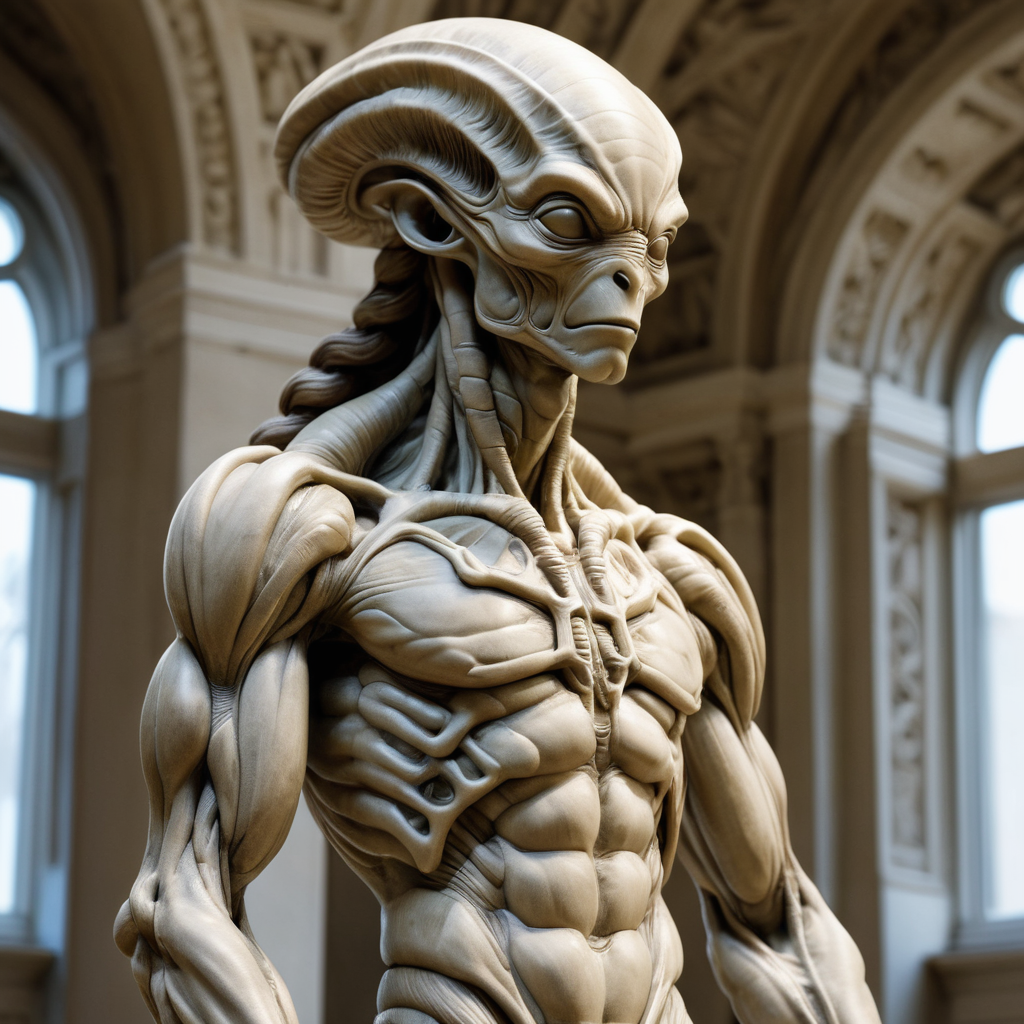 full body shot, masterpiece beauty, highly intricate detailed alien sculpture by Michelangelo, natural light