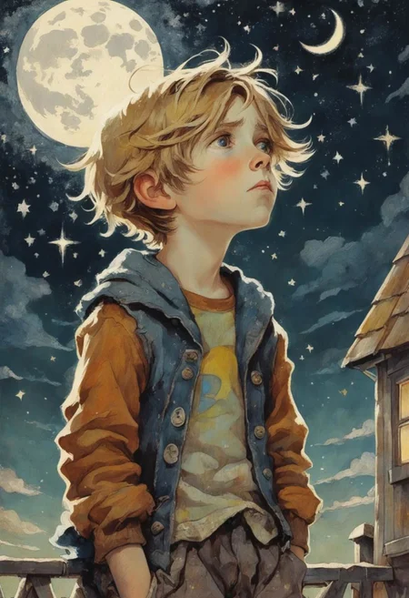 color pencil drawing of a {young boy with tattered clothes and a sad expression. He looks up to the night sky, which is filled with stars and a bright moon. The atmosphere is melancholic, with a sense of longing and despair.}, by (Jessie Willcox:1.36), detailed background, masterpice, trending on artstation, best quality, 4k textures, ultra detailed
