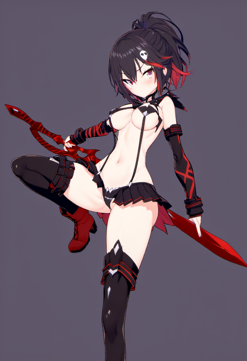 rating: sensitive,   (<lora:Rin_Rokuhara:1>, Rin, 1girl, skull hair ornament,  ponytail) hybrid with (<lora:Matoi_Ryuuko_SDXL:0.9>,1girl, matoi ryuuko, senketsu, scissor blade, solo, breasts, navel, suspenders, skirt, underboob, holding weapon, thighhighs,  revealing clothes, holding, medium breasts, two-tone hair, boots, white background, streaked hair, looking at viewer, closed mouth, thigh boots, simple background, hair between eyes, standing, holding sword, black pleated microskirt, bangs), masterpiece, best quality