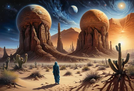 masterpiece, top quality, best quality, highly detailed, realistic photo,
A painting exploring the aridness of the desert and the mystery of cosmic wonders.
Using airbrushing for art, often for smooth gradients,
<lora:RMSDXL_Enhance:0.8>
<lora:Surreal Harmony:1>
<lora:Unsettling_2.0-000002:1>