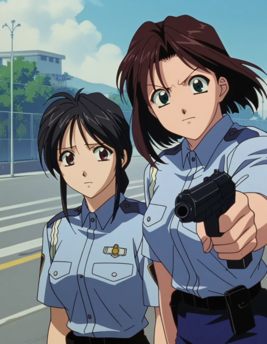 score_9, score_8_up, score_7_up, <lora:miyuki-natsumi-movie-ponyxl:0.8> 2girls, police uniform, outdoors
2girls, kobayakawa miyuki, black hair, police uniform, worried
2girls, tsujimoto natsumi, short hair, brown hair, police uniform, aiming at viewer, gun, holding gun, handgun, aiming, shouting