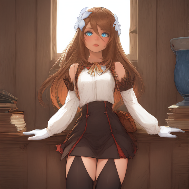 cowboy shot, solo, <lora:martaLualdi:0.9> marta_lualdi, long hair, hair ornament, blue eyes, hair flower, gloves, brown hair, black thighhighs, detached sleeves, white shirt, black skirt, indoors, medieval cabin, daylight <lora:add_detailStr01-2:0.4>, absurdres, [perfect shadows and lighting], detailed background, incredible high-key lighting, masterpiece, high quality, detailed, extremely detailed, ambient soft lighting, 4K
