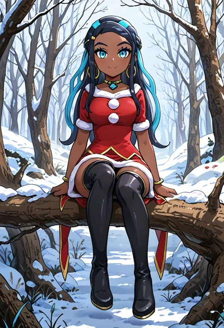 hinosaki, leveen, 2d, masterpiece, best quality, amazing quality, 1girl, solo, sitting, on branch, snow, smile, dangling legs, honessa, hnessa, dark-skinned female, blue eyes, blue eyeshadow, long hair, multicorored hair, black hair, blue hair, red dress, fur trim, (short sleeves), gold choker, jewelry, gold bracelet, hoop earrings, hearclip, thigh boots, black footwear