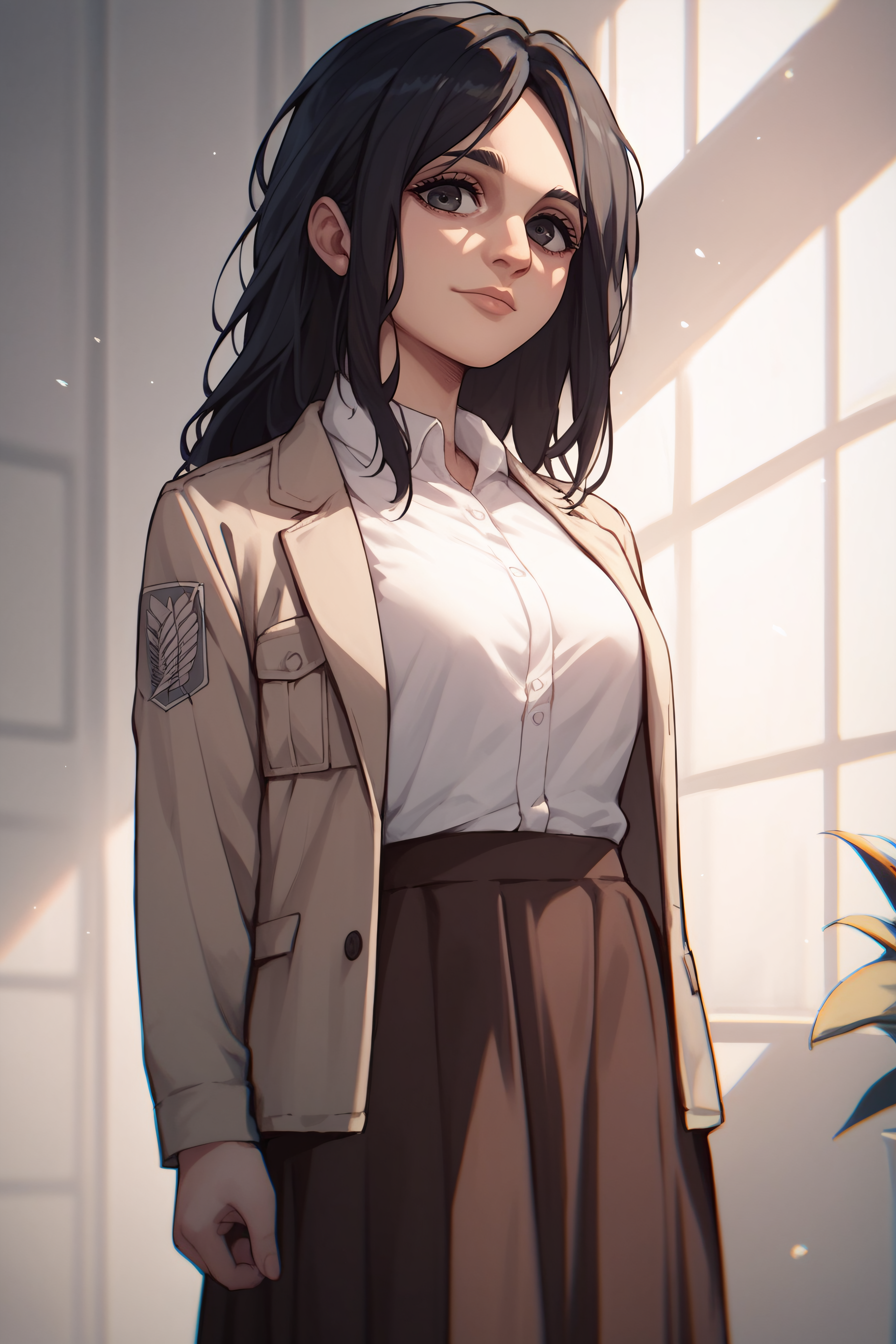 score_9, score_8_up, score_7_up, score_6_up, score_5_up, score_4_up, source_anime, <lora:Pieck Finger-PonyXL-lora-Faxtron:0.8> pieck finger, black eyes, black hair, long hair, medium breasts, beige jacket, white shirt, brown skirt,