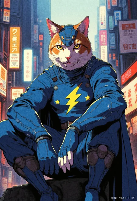 A portrait of a white and orange cat wearing a blue super hero outfit with a super hero mask. A lightning bolt symbol on his chest. sitting on a tokyo street.
Cinematic lighting, volumetric lighting, 8k quality