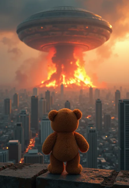 concept art, ultra-wide shot, a small Teddybear doll watching alien invasion, city destroyed, depth of field, award winning.