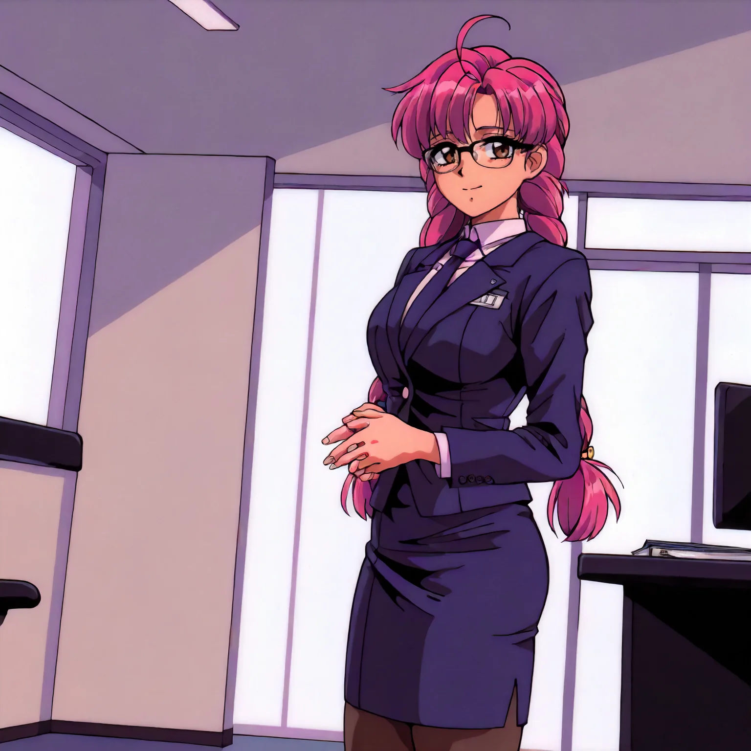 <lora:NBnH_RieMakinoXLIllustrious003>,
masterpiece,best quality,good quality,newest,
detailed background,indoors,
smile,
looking at viewer,
solo,
RieMakino,1girl,pink hair,ahoge,twin braids,long hair,brown eyes,
standing,
business_suit,office_lady,eyewear,pencil_skirt,pantyhose,necktie,