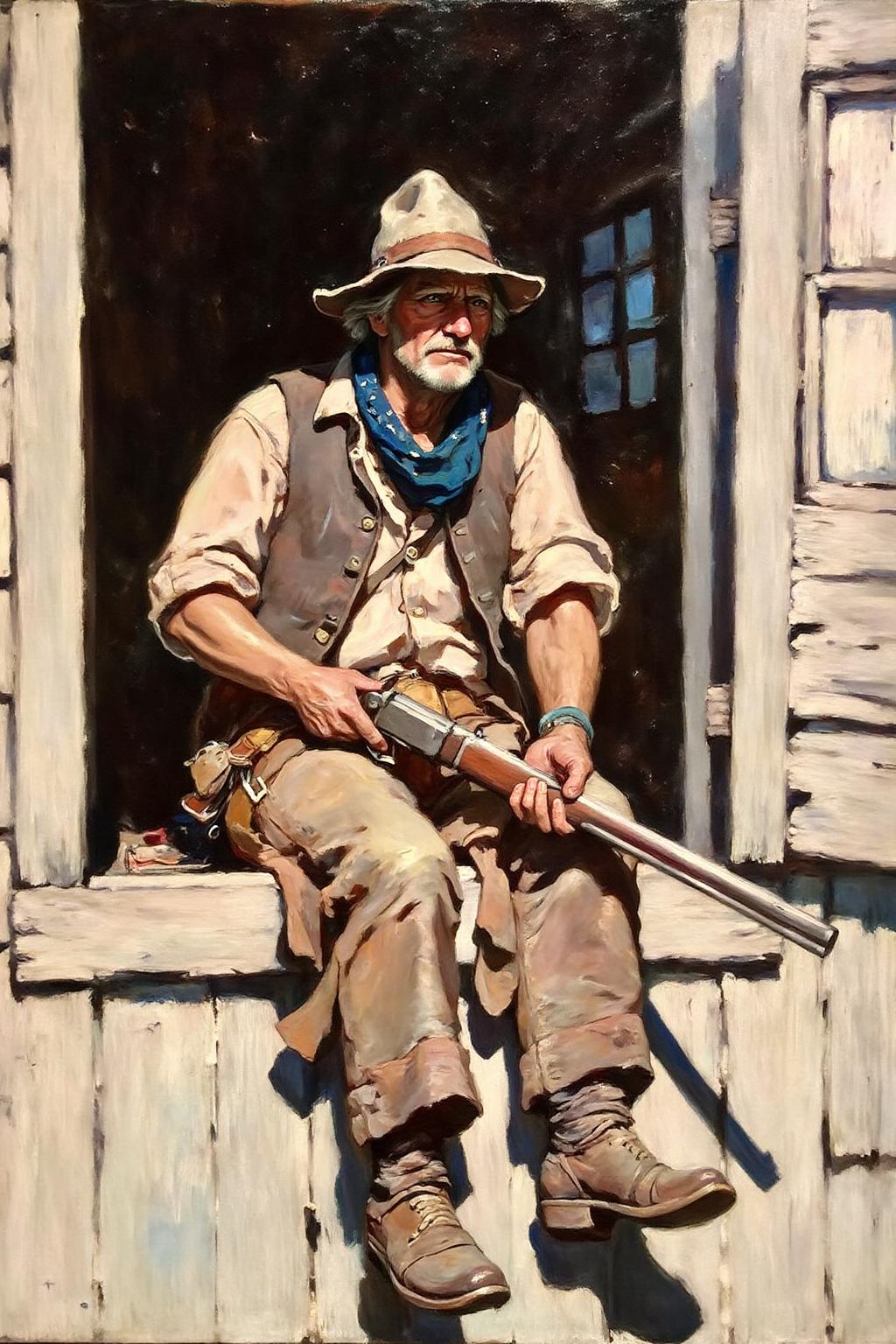 schoonover1 illustration.
A cowboy sits on the edge of a open window of a cabin. He is a rugged, middle-aged man with a weathered complexion, wearing a wide-brimmed hat, a blue bandana, and a faded, sleeveless vest over a white shirt. He holds a rifle. <lora:schoonover1_cap_d6a3e11:1.0><lora:831472155158993465:0>