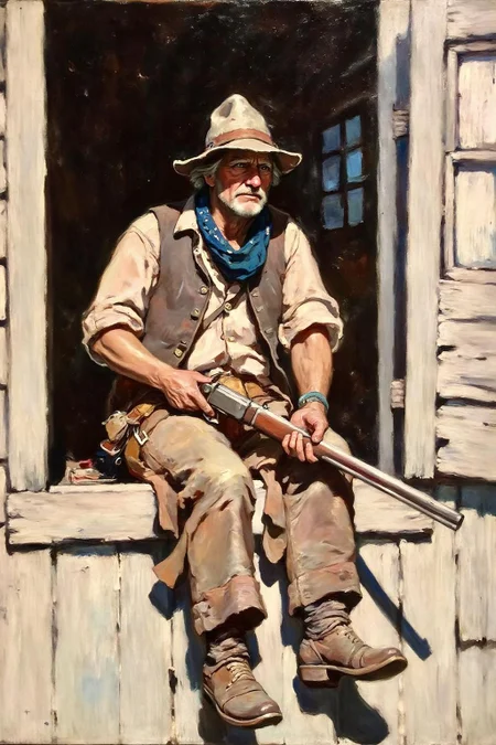 schoonover1 illustration.
A cowboy sits on the edge of a open window of a cabin. He is a rugged, middle-aged man with a weathered complexion, wearing a wide-brimmed hat, a blue bandana, and a faded, sleeveless vest over a white shirt. He holds a rifle. <lora:schoonover1_cap_d6a3e11:1.0><lora:831472155158993465:0>