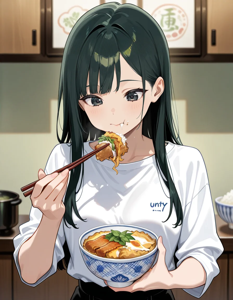 score_9, score_8_up, score_7_up, anime, solo, 1girl, one girl,
Black hair, (chest length hair:1.2), Straight Hair, bangs, one tucked behind ear, black eyes, feature large highlight, feature double highlights, shaped eyeblow,
sensitive,
<lora:donburimono:0.8>, holding, bowl, food, rice, indoors, blurry, holding bowl, rice bowl, chopsticks, blurry background, katudon, katu, eating katudon,
(masterpiece:1.3), best quality, high resolution, unity 8k wallpaper, (illustration:1.2), 8K,