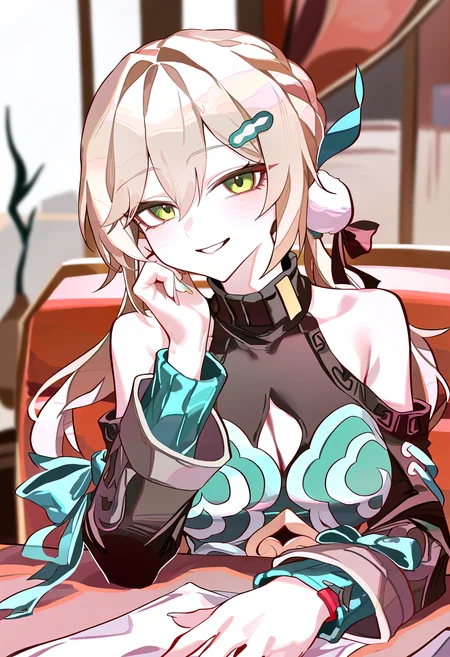 very awa, masterpiece, best quality, year 2024, newest, highres, absurdres, <lora:age_slider_v4:3> <lora:thicc_v1.4-pony:1.2>,detailed_background,indoors,shoulder cutout,cocoballking,long sleeves,green eyes,1girl,solo,clothing cutout,dress,low twintails,smile,twintails,hair ornament,qingque \(honkai: star rail\),looking at viewer,absurdres,honkai: star rail,bare shoulders,highres,hair between eyes,honkai \(series\),long hair,parted lips