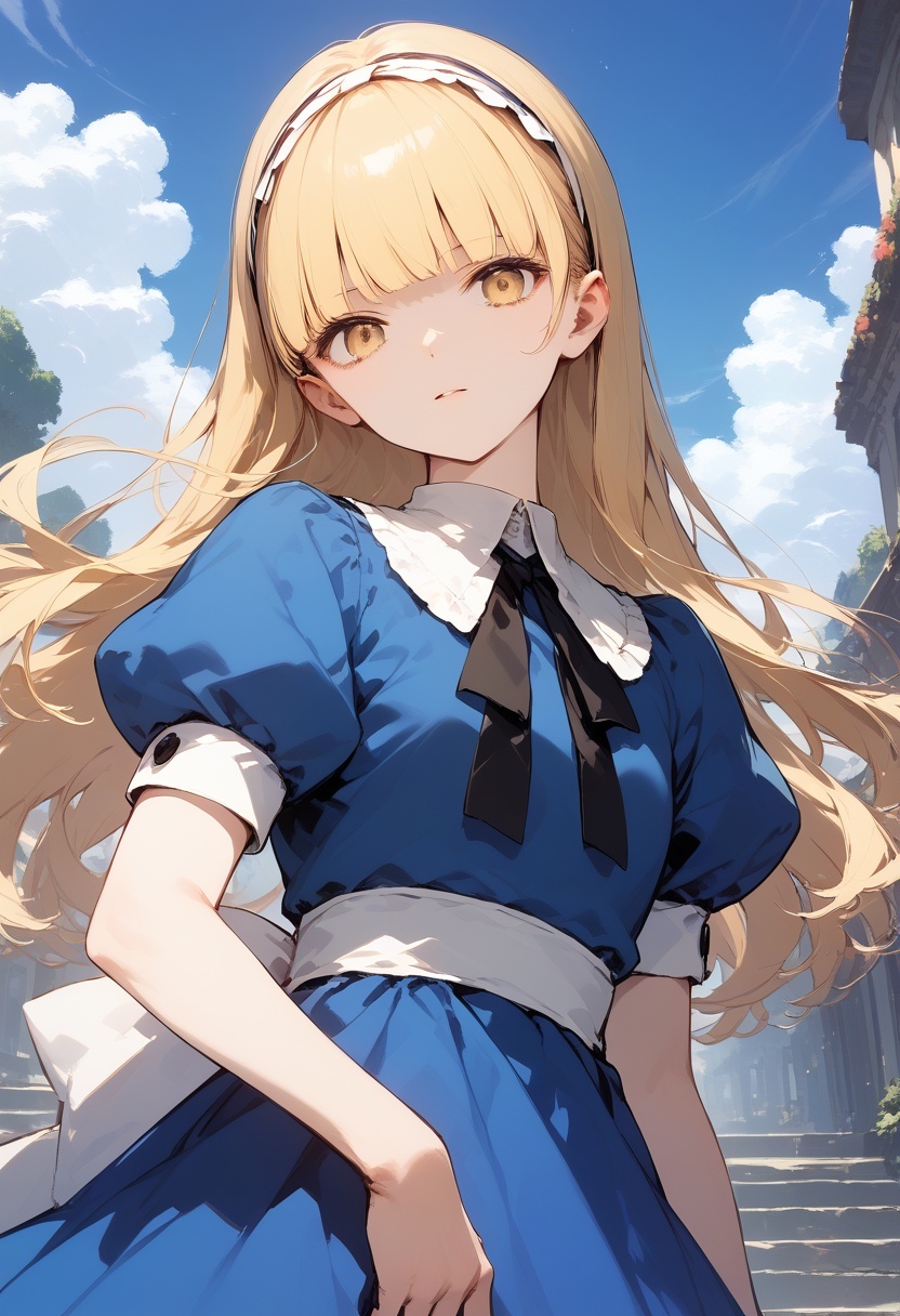 score_9, score_8_up, score_7_up, source_anime, best quality, masterpiece, 
human, female, solo, outdoor,  
<lora:zs_AliceXL:1> alicesmt, dress, long hair, blonde hair, hairband, blunt bangs, puffy sleeves, blue dress, yellow eyes,