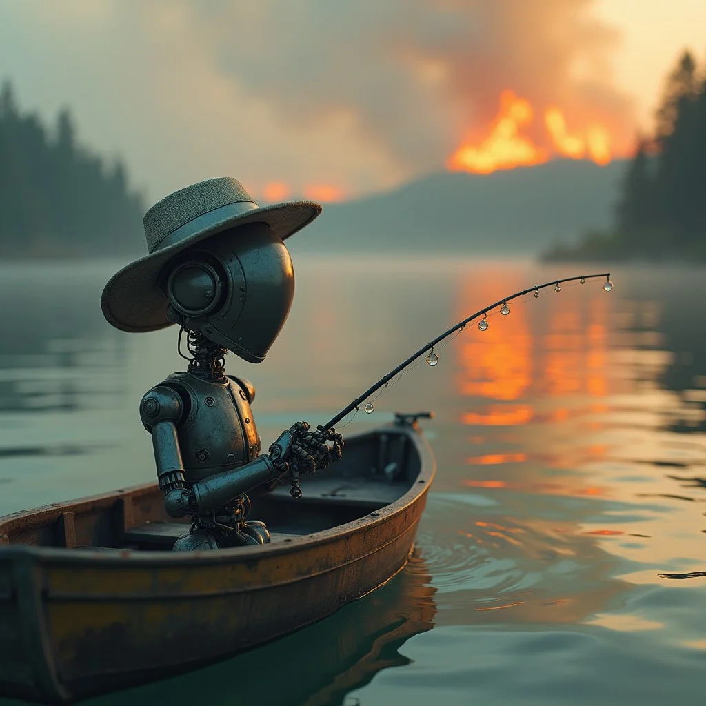Robot in a boat fishing, wearing a fishing hat, on a lake, forest fire in distant scenery, fire billowing smoke, "Gone Fishing"