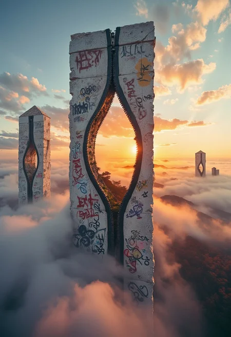 In a dystopian world, countless monumental constructs made of weathered white stones hover in the sky, spread across the horizon like islands adrift in clouds. Among them is an old, partially ruined building towering high, its façade adorned with peeling graffiti in various colors, each telling the story of its past. A prominent feature is a large zipper, half open, allowing the structure to "unfold" to the left and right. Through this zipper, a breathtaking view of a stunning sunset bursts forth, vibrant orange and purple hues illuminating the nature beyond the building. The contrast between the dilapidated facade and the spectacular sunset creates a unique, surreal atmosphere. These floating ruins, each bearing deep cracks and signs of decay, defy gravity as they hang suspended by unseen forces. Below, clouds cradle these fractured structures, casting soft shadows across the time-ravaged stones that glow faintly in the golden light. As sunlight filters through, the combination of the breathtaking views and crumbling edges evokes both tranquility and nostalgia. Each ruin, adorned with remnants of faded pop-art graffiti, stands as a solemn reminder of a lost civilization, its origins and purpose forgotten, yet hauntingly beautiful in its desolate grandeur.