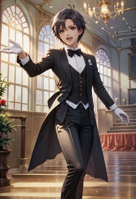 score_9,score_8_up,score_7_up,score_6_up,source_anime, <lora:Worldly_XL:1> (interior, skylight, rooflight:1.8), (concert background:1.3)
1girl, solo, full figure, standing, dynamic pose, singing, dancing, <lora:KikuchiMakoto_pony_v1:0.9> kikuchi makoto, kkcmkt, short hair, black hair, antenna hair, hair between eyes, black eyes, flat chest, small breasts, (long legs:1.2), (tuxedo, long trousers:2), black shoes, delicate strappy heels, white gloves <lora:StS_detail_slider_v1:1>
zPDXL, zPDXL-neg