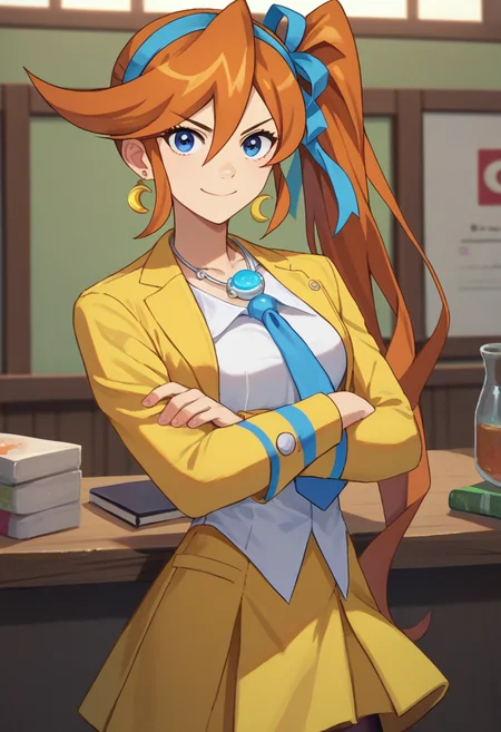 score_9, score_8_up, score_7_up, source_anime, solo, 1girl, athena cykes, smile, looking at viewer, crossed arms, side ponytail, hair ribbon, v-shaped eyebrows, yellow jacket, white shirt, blue necktie, yellow skirt, black pantyhose, jewelry, necklace, crescent earrings, indoors <lora:aa_athenacykes_ponyXL:1>