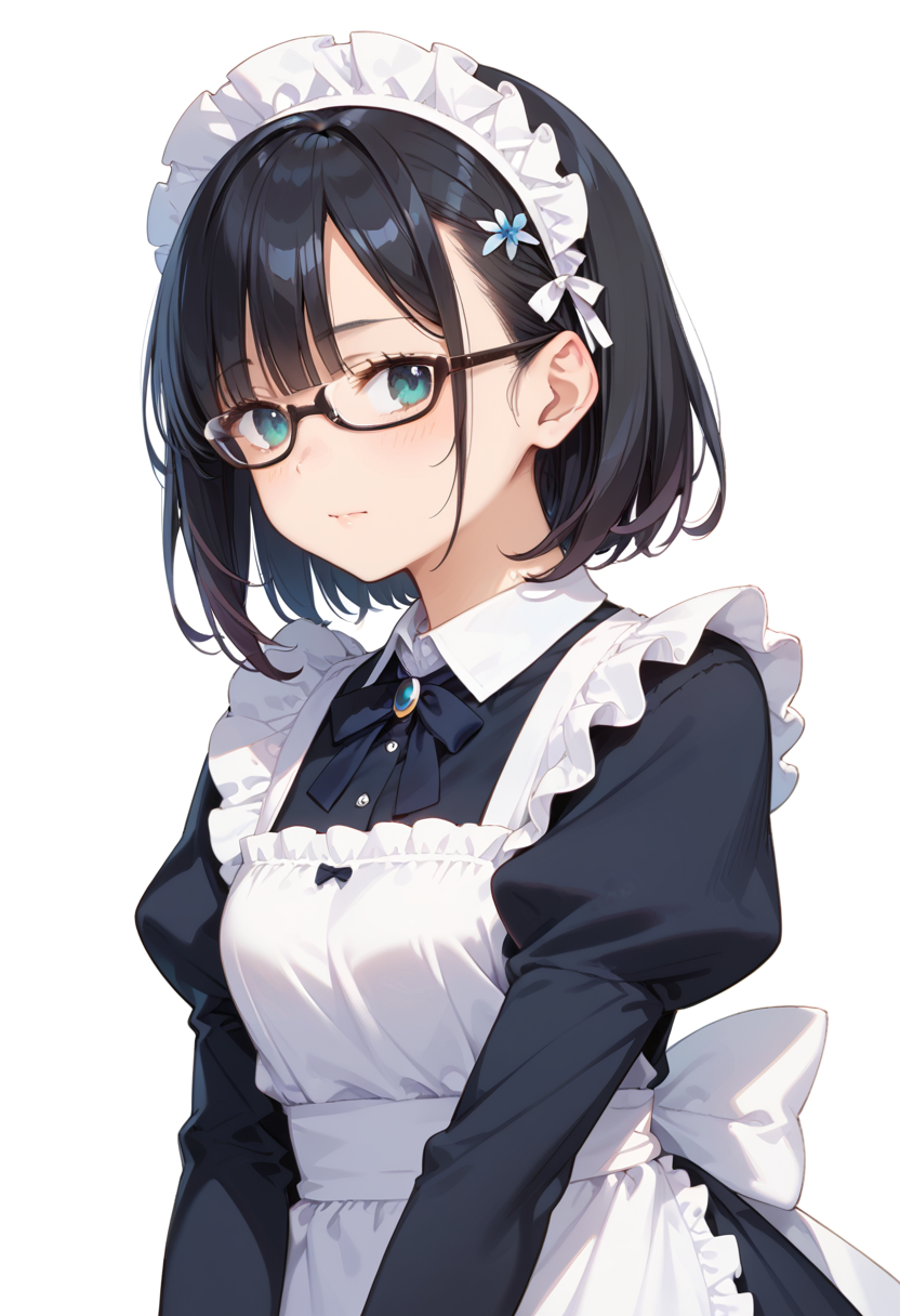 score_9, score_8_up, score_7_up, rating_safe, masterpiece, best quality, absurdres, unity 8k wallpaper, official art, official style, source_anime, uncensored, game cg, megami magazine,
1girl, solo, black hair, medium hair, upper body, covered eyes,maid, maid headdress, black dress, maid apron, face focus,
underrim_cell, glasses, still life, white background, simple background, under-rim eyewear, black-framed eyewear, 
 <lora:glasses_underRimCell_PONY_V1:1>