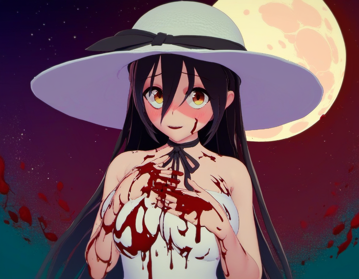 zPDXL, zPDXLxxx, score_9, score_8_up, score_7_up, score_6_up, score_5_up, score_4_up, BREAK  <lora:Touka_from_LiL_PonyXL:0.8>, hachishakusama_touka, 1girl, dress, hat, long hair, moon, sun hat, looking at viewer, night, blood on hands, blood on face, blood on clothes, white hat, nonplussed, black ribbon