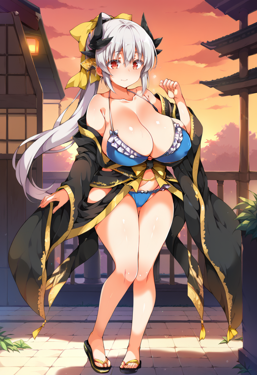 score_9, score_8_up, score_7_up, source_anime BREAK 1girl,  <lora:spfateKiyohimeXLPony:1> kiyola3st, white hair, horns, yellow bow, blue bikini, cleavage, frills, frilled bikini, japanese clothes, black kimono, standing, full-body shot,      huge breasts  <lora:Maron_Maron-Style-PonyXL-Dora-000010:1>