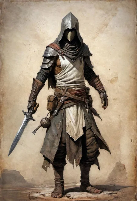 videogame art of (beggar clothes, human thief brigand, holding a iron rusty dagger, wearing leather tunic, metal and cloth shaped helmet, sewn together), by Jean-Baptiste Monge and Nicola Samori, assassins' creed clothes