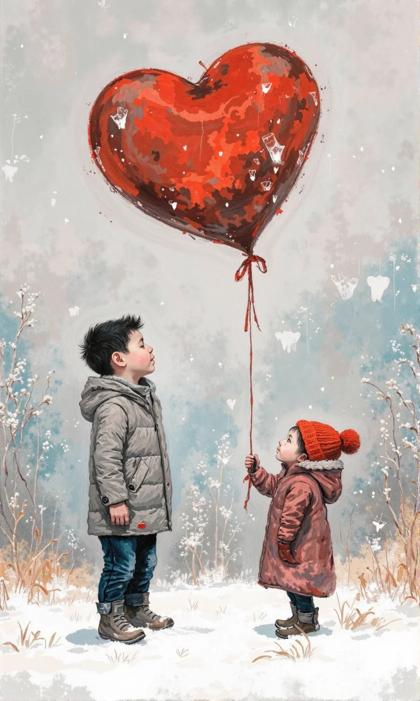 Full outdoor shot of a whimsical illustration.
A boy, rendered in shades of gray and black, stands on a snowy landscape. He is dressed in a winter coat and pants, and is gazing upward.
A girl, wearing a red winter coat and a red knit hat with a pom-pom, is seen holding a string that connects to a large, heart-shaped, red balloon. The balloon appears somewhat distressed and mottled, with darker red areas and areas of light red.
The scenery is wintry, with scattered snow or rain falling; the overall palette of the background is a mix of grays, blues, and hints of white.
The drawing style suggests a mixed media approach, possibly incorporating watercolor and pencil sketching techniques, which is apparent in the varied textures and gradients in the image. The atmospheric perspective, created by the fading tones in the background, contributes to the sense of depth. The composition is a juxtaposition of the grayscale figure of the boy and the vibrant colors of the balloon and girl, highlighting the contrast of a traditional wintry scene with an unusual heart-shaped balloon., <lora:FLUX-daubrez-DB4RZ-v2:0.9> DB4RZ, DB4RZ style painting, <lora:ImpurePores:0.85> xlr_skin,