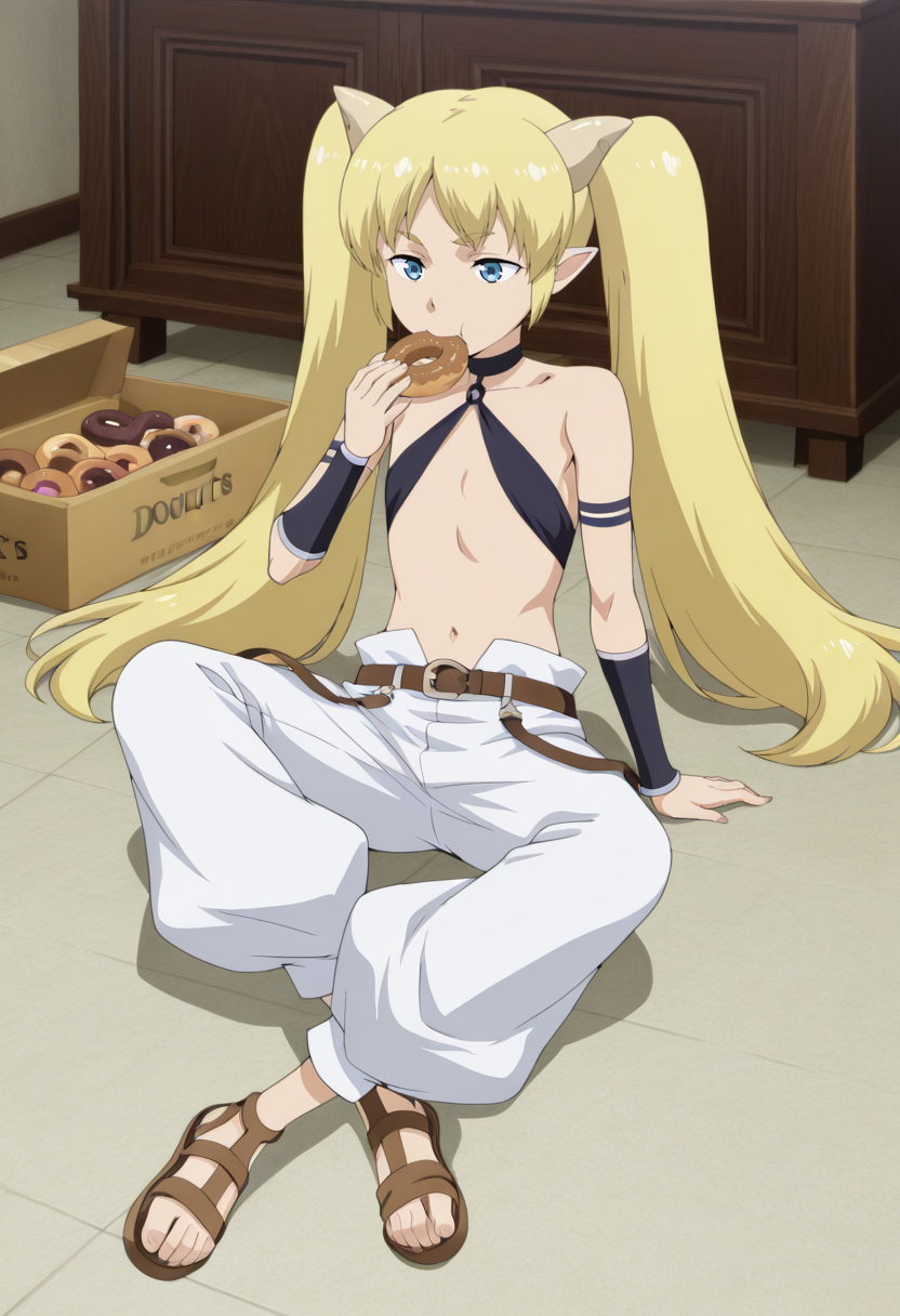 classroom for heroes style, Cu chulainn, 1girl, solo, long hair, blonde hair, twintails, blue eyes, flat chest, horns, pointy ears, choker, thin top, black bracers, white pants, brown sandals, crossed legs, on floor, eating donuts
BREAK
inside bedroom, donut box
BREAK
<lora:Classroom_for_Heroes_character_pack_Illustrious:1>