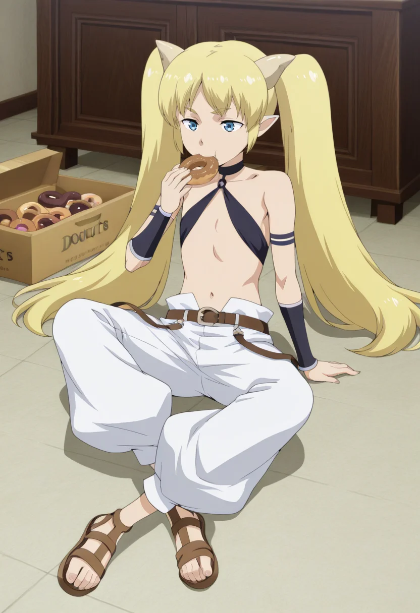 classroom for heroes style, Cu chulainn, 1girl, solo, long hair, blonde hair, twintails, blue eyes, flat chest, horns, pointy ears, choker, thin top, black bracers, white pants, brown sandals, crossed legs, on floor, eating donuts
BREAK
inside bedroom, donut box
BREAK
<lora:Classroom_for_Heroes_character_pack_Illustrious:1>