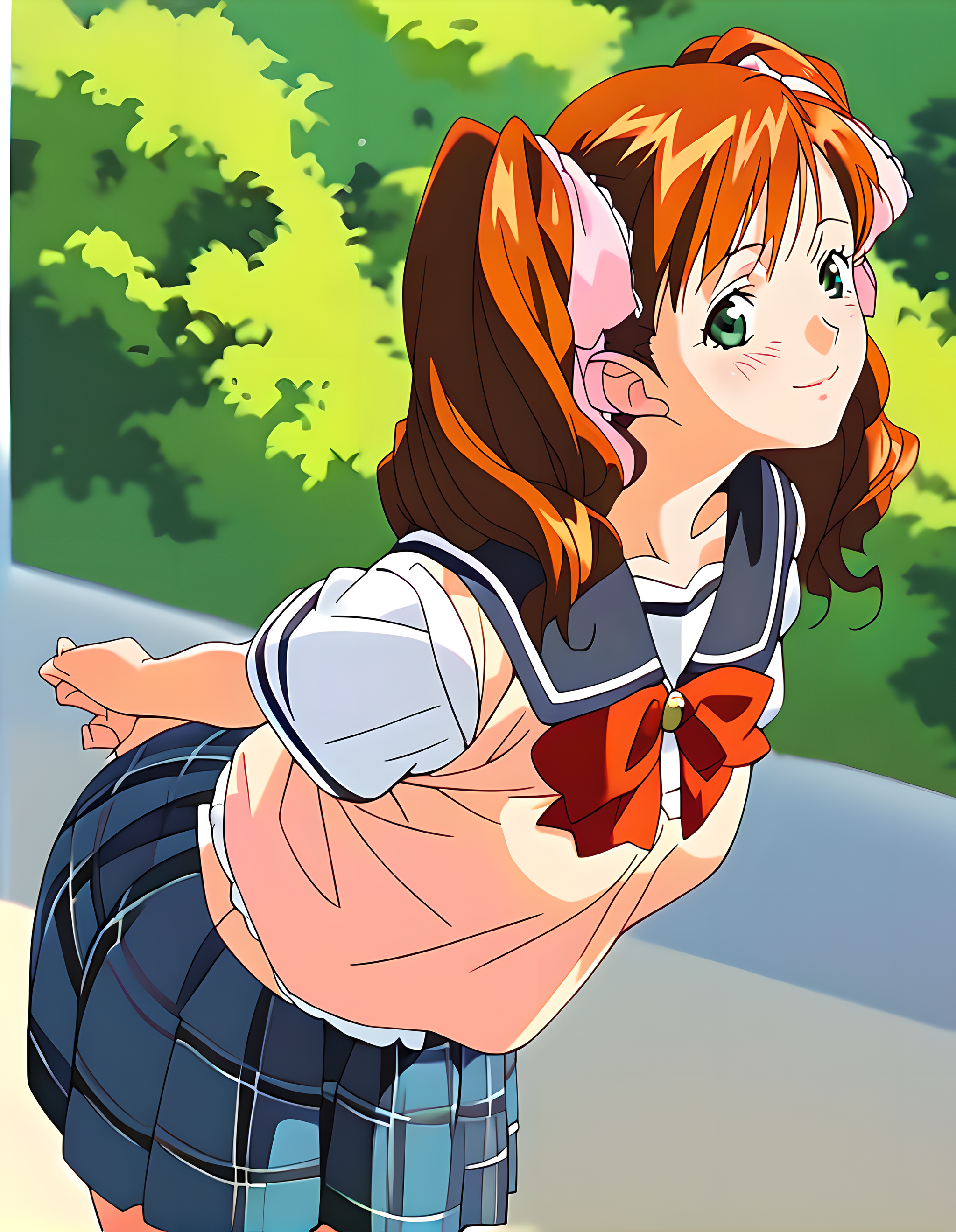 <lora:pony_xl_asahina:0.8>,asahina,score_9,score_8_up,score_7_up,source_anime,1girl,solo,looking_at_viewer,looking in love,upper eyes,smile,:d,blush,bent_over,arms_behind_back,cowboy_shot,school_uniform,plaid,skirt,