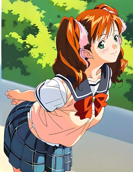 <lora:pony_xl_asahina:0.8>,asahina,score_9,score_8_up,score_7_up,source_anime,1girl,solo,looking_at_viewer,looking in love,upper eyes,smile,:d,blush,bent_over,arms_behind_back,cowboy_shot,school_uniform,plaid,skirt,