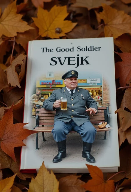 The book is lying on autumn leaves, close-up. The cover of the book depicts a cheerful fat man, clean-shaven and dressed in an Austrian uniform from the First World War. He's sitting on a bench, behind a beer store, with a mug of beer in one hand and a sausage in the other. The book is called "The Good Soldier Svejk".