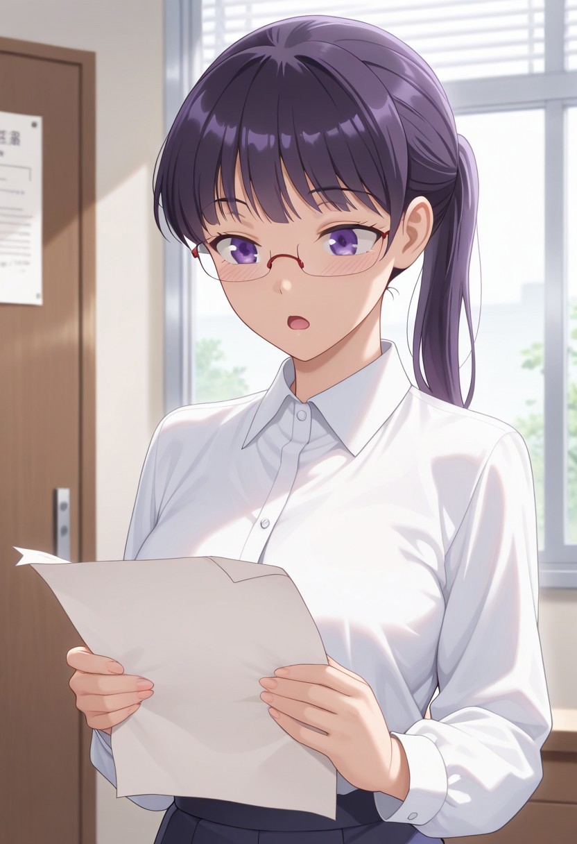 masterpiece,best quality,amazing quality, morizono maria, long hair, purple hair, purple eyes, 1girl, glasses, solo, ponytail, open mouth, shirt, semi-rimless eyewear, white shirt, paper, holding paper, holding, collared shirt, indoors
