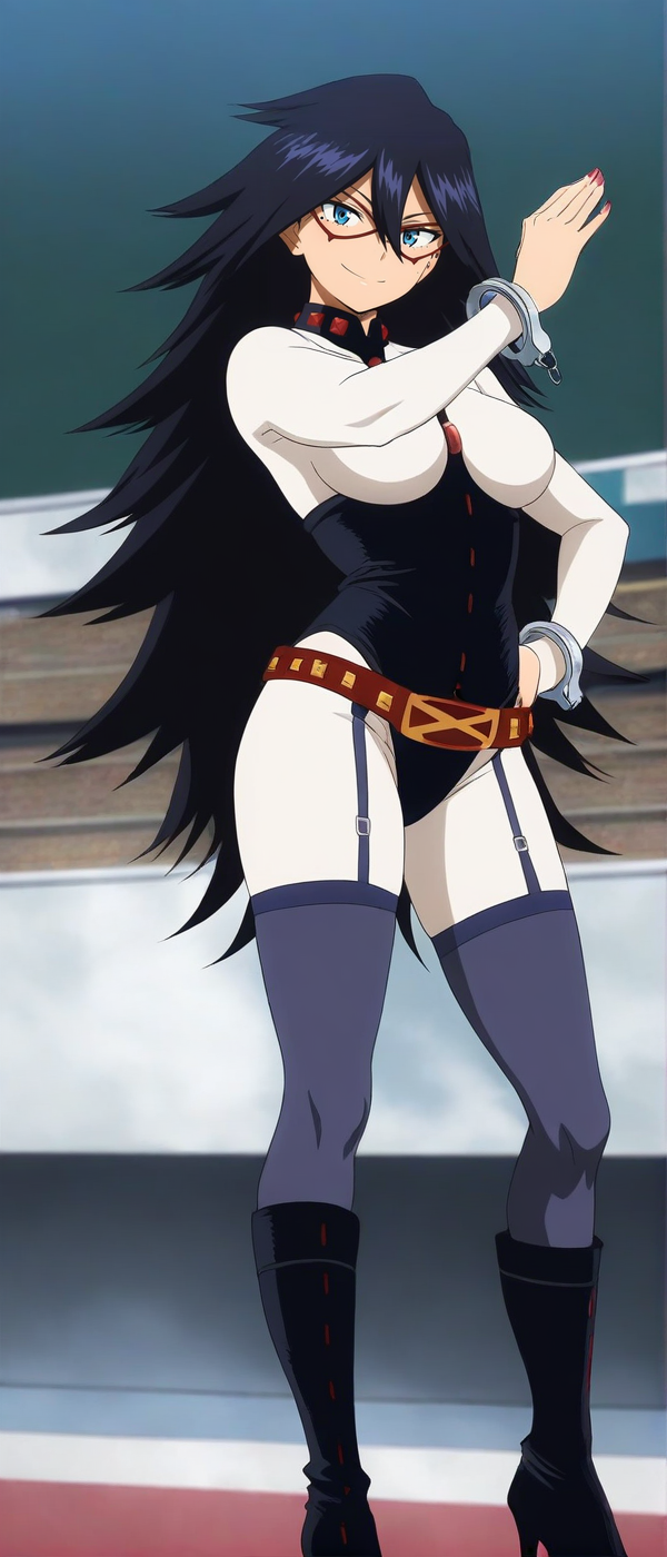 <lora:Midnight_-_My_Hero_Academia_-_waiNSFW:1>, anime coloring score_9, score_8_up, score_7_up, source_anime, hires image, masterpiece, best quality, BREAK,  newest, masterpiece, best quality, 4k, 1girl, solo, long hair, blue eyes, mole under eye, mask, glasses bodysuit, leotard, handcuffs, belt, garter straps, thighhighs, boots, high heel boots,  pose, smile