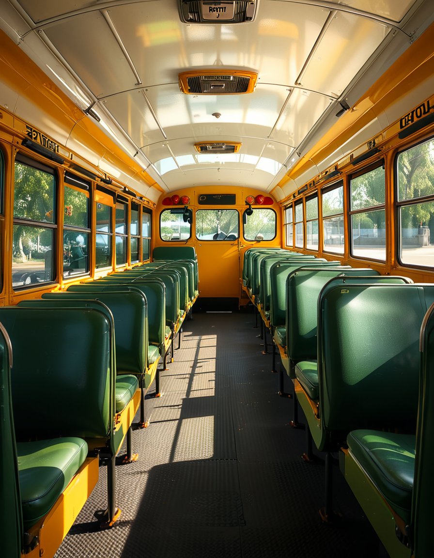 The interior of a classic yellow school bus, captured in a clean and well-maintained state. Long rows of simple green vinyl seats line both sides of a narrow aisle, slightly worn from regular use. The perspective is from the front of the bus, looking toward the back, with a clear view of the seats and the metal handrails on top of each row. Sunlight streams in through the large rectangular windows on both sides, creating soft reflections on the seats and a warm glow inside. The floor is textured black rubber, with faint signs of foot traffic. The atmosphere feels quiet and inviting, with no students present, giving a peaceful and slightly nostalgic vibe. The style is photorealistic, highlighting the details of the seat stitching, window latches, and the subtle reflections of light on surfaces. The background includes the driverâs area partially visible, with the steering wheel and dashboard controls adding to the authenticity.
<lora:SDXLFaeTastic2400:0.4> <lora:extremely_detailed:0.4> extremely detailed, <lora:sch00l_bus:1>,sch00l bus, Masterpiece,best quality,hi res,8k,hi res,8k,award winning,(sharp focus, intricate, highly detailed),