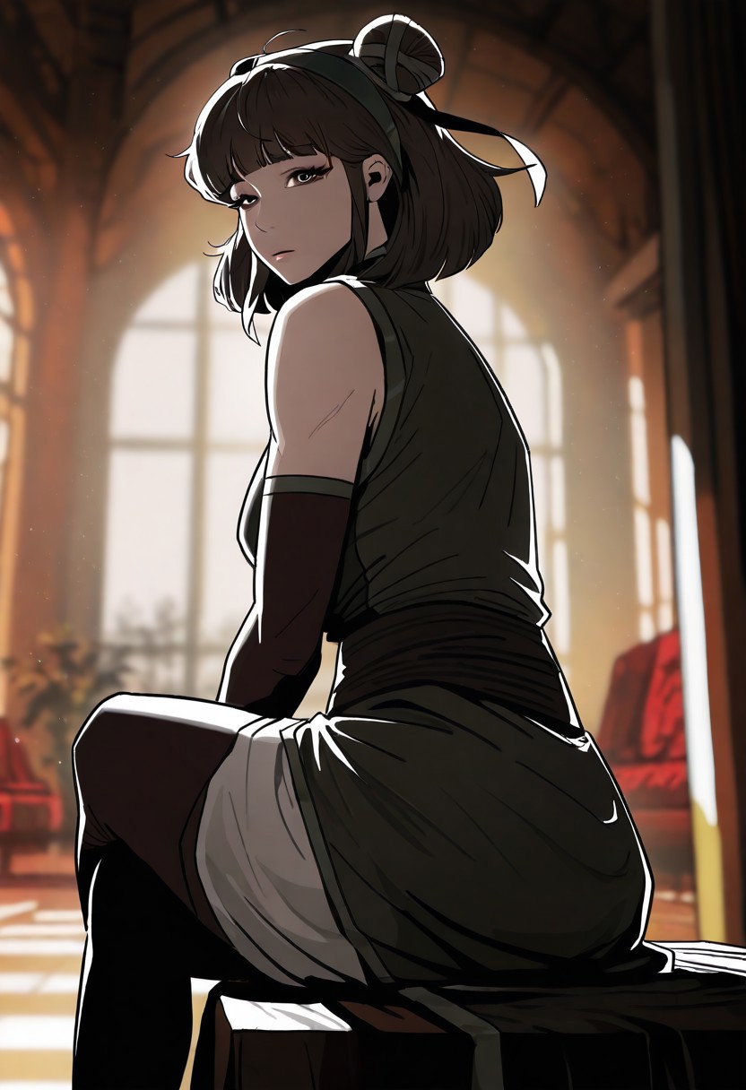 masterpiece, best quality, amazing quality, very aesthetic, absurdres,
miryeo, outfit1, double hair bun, short hair, blunt bangs, hairband, hair ribbon, gloves, elbow gloves, fingerless gloves, sleeveless,
sitting, crossed legs, squatting, looking at viewer, colorful, cinematic atmosphere, high contrast, blurry background, indoors,