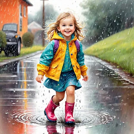 Pencil drawing, warm colors, young child jumping in a rain puddle, she wears rain boots, she wears colorful children's clothing, perfect eyes, being happy and innocent,