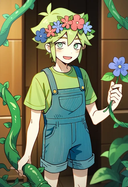 score_9,score_8_up,score_7_up,source_anime, BASIL (head space),solo,looking at viewer,blush,smile,open mouth,short hair,shirt,1boy,holding,green eyes,male focus,flower,short sleeves,green hair,colored skin,plant,cropped legs,yellow shirt,green shirt,overalls,head wreath,vines,blue overalls,overall shorts