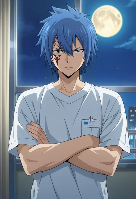 masterpiece, best quality, intricate details, anime screencap, anime coloring, official style, looking at viewer, 1boy, solo, male focus, <lora:jellal_fernandes_ilxl:0.94>, jellal_fernandes, blue hair, black eyes, short hair, tattoo, facial mark, hair between eyes, straight-on, hospital, night, full moon, crossed arms, distracted, aloof, oblivious,