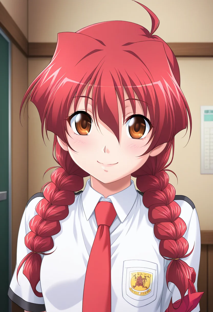 masterpiece, best quality, amazing quality, 1girl, solo, (portrait:1.2), yunaww, brown eyes, red hair, long hair, twin braids, ahoge, small breasts, school uniform, red necktie, white collared shirt, short sleeves, looking at viewer, smile, indoors, skindentation, detailed clothing folds, depth of field, sharp, high contrast, dynamic light <lora:Midou_Yuna_Tonarizuma2_ill:0.9>