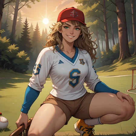 score_9, score_8, BREAK, solo, TD, dirty blonde hair, green eyes, hockey outfit, red hat, 1girl, yellow shoes, white socks, messy hair, long hair, sleeves, brown shorts, sexy pose, self portrait, smile, outdoors, sunlight, shadows, evening lighting, natural lighting, forest, trees, grass, orange sky, sunset