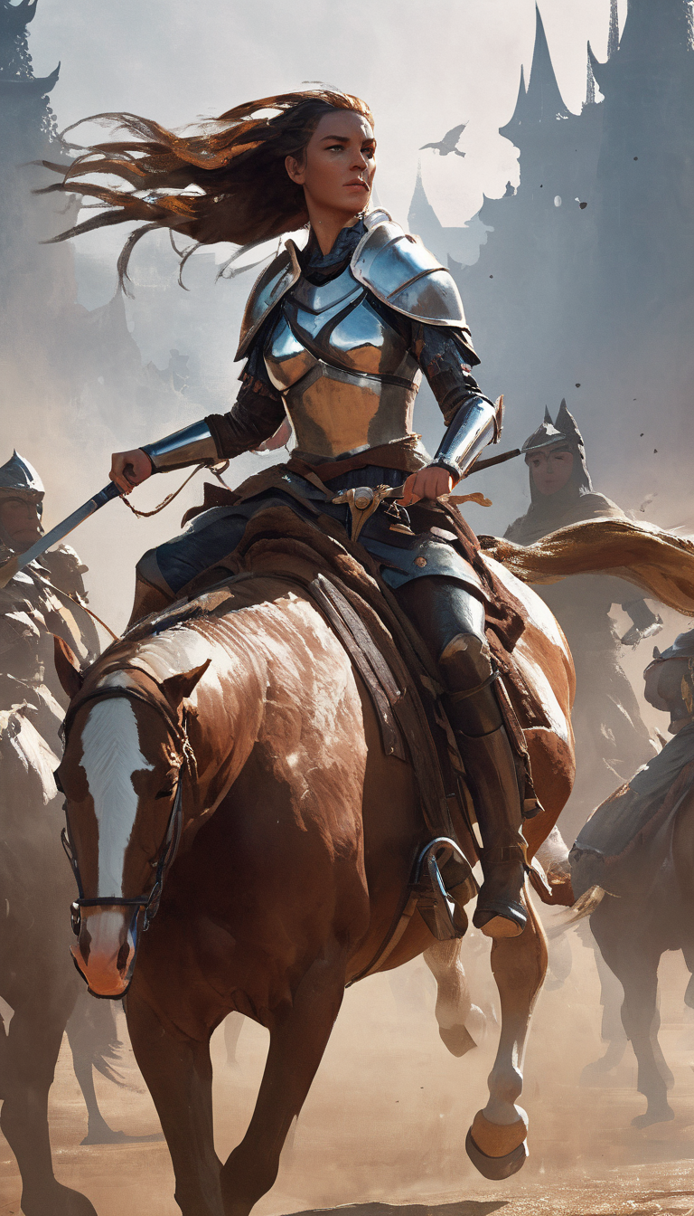 A beautiful female warrior riding on a horse though a stunning scene, cinematic scene, hero view, action pose, detailed background, masterpiece, best quality, high quality, highres, absurdres, Greg Rutkowski <lora:greg_rutkowski_xl_v2:1>
