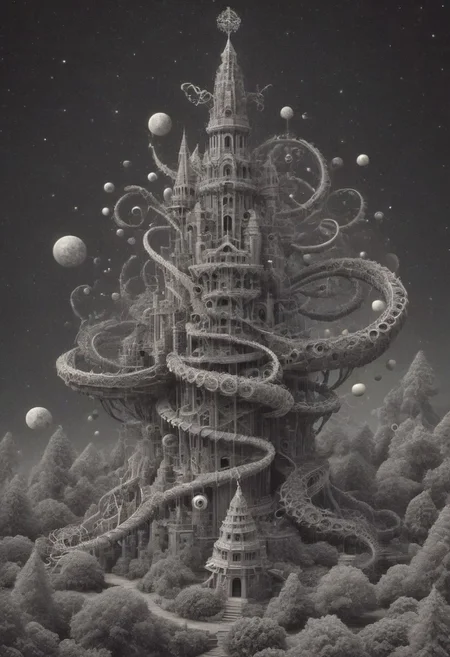 an intricate tower, mythical serpent wrapped around tower, (negative space, layer, sigils). orbs and moons, forging cluster astral keys, tetrahedral trees, (three planes), OverallDetail